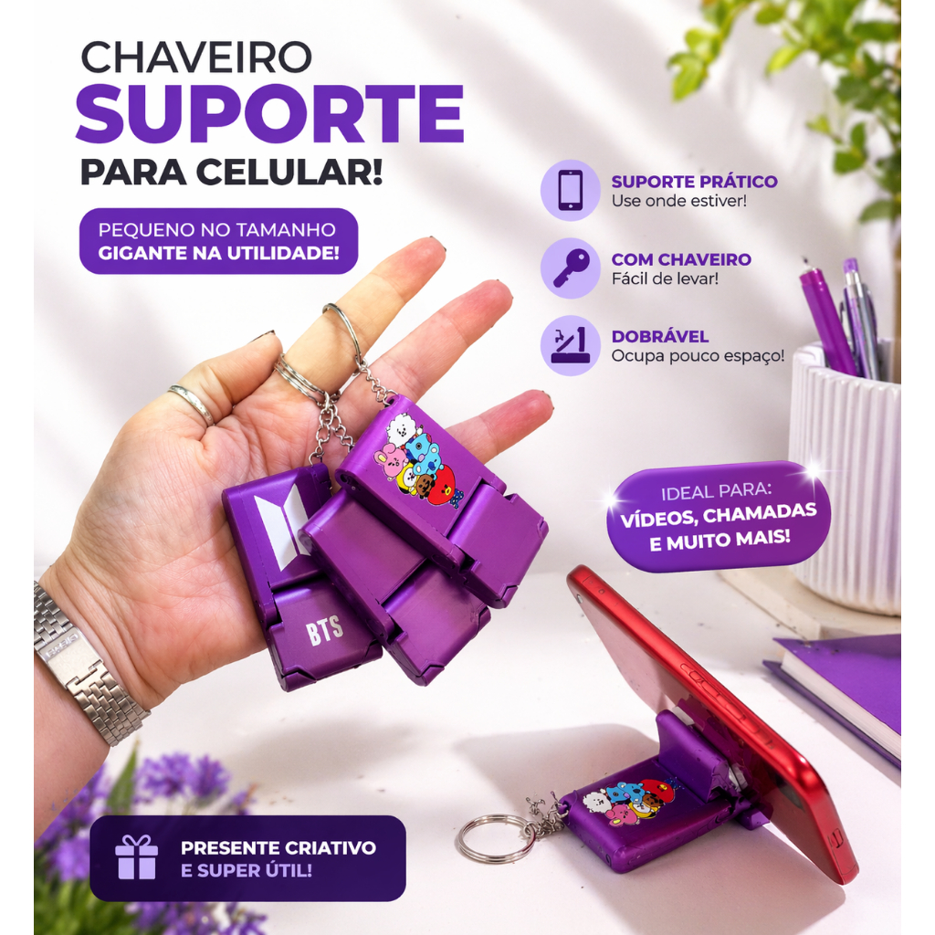Chaveiro Suporte para Celular BTS Roxo | Porta Celular Dobrável | Presente Army