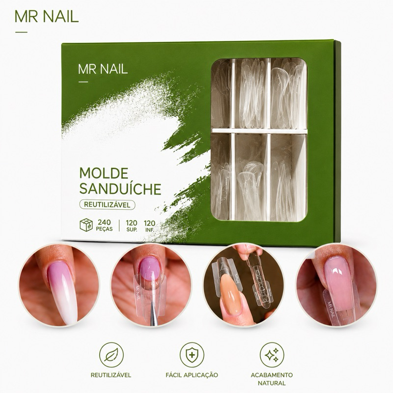 Molde F1 Sanduíche MR NAIL 240 Peças Reutilizável | Para Alongamento em Gel, Polygel e Fibra | Molde Superior e Inferior
