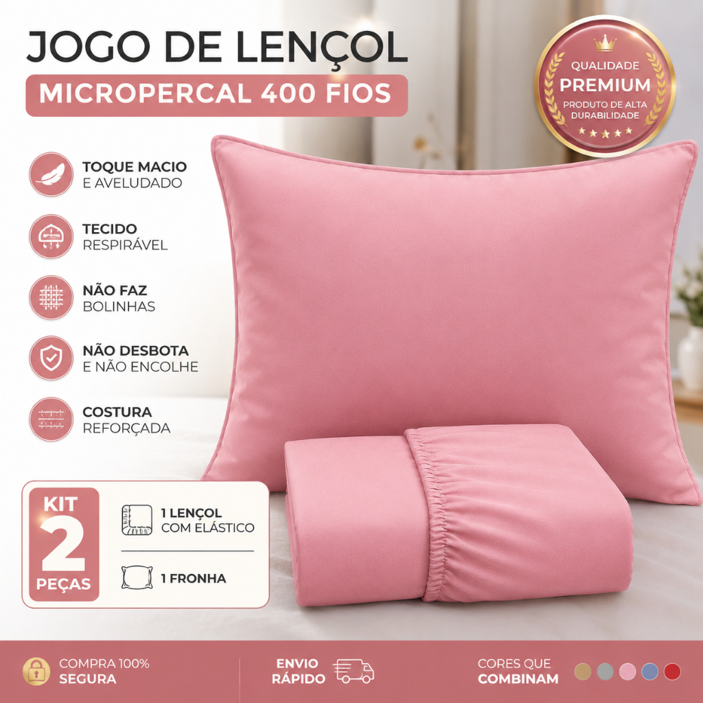 Kit Jogo De Lençol Solteiro Com Elastico Micropercal 400 Fios Toque Macio E Aveludado