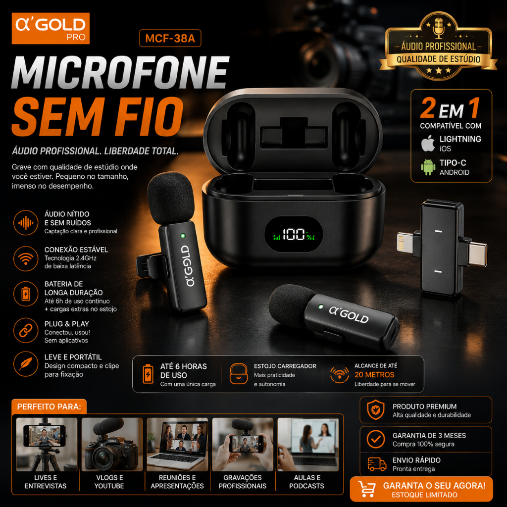 Microfone De Lapela Sem fio Magnético Com Redução de Ruído Tipo-C e Lightning Profissional