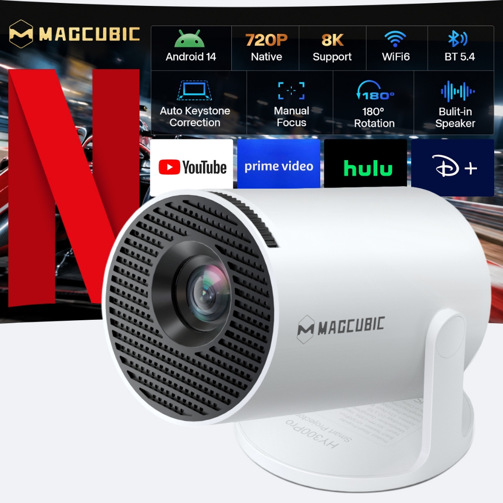 MAGCUBIC HY300 Pro Projetor 4K 1080P Suporte Giratório 180° Android 11 WiFi6 BT5.4 Tamanho Mini