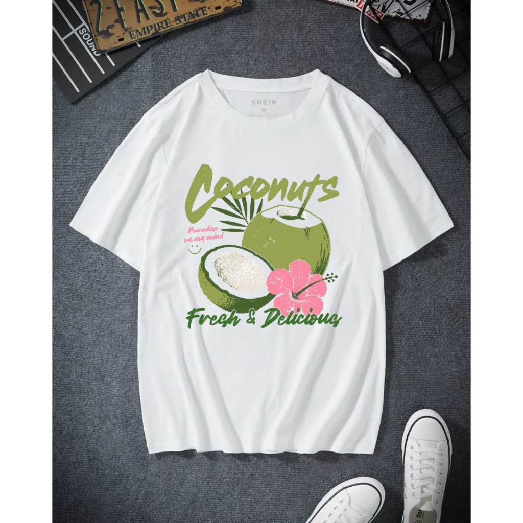 Camiseta Branca Feminina Estampa Tropical Coconuts Estilosa 100% Algodão Premium Casual Confortável Versátil
