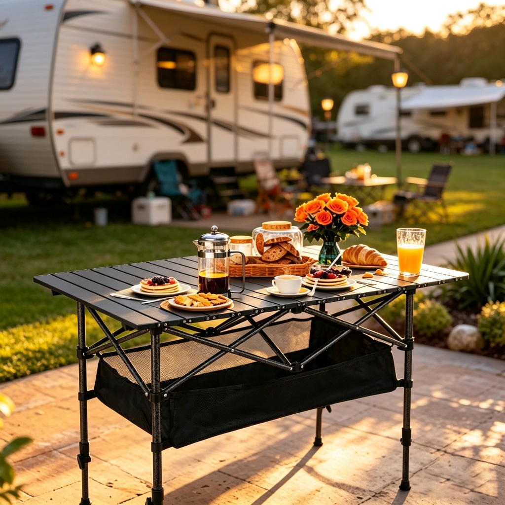 Mesa dobrável externa portátil  altura ajustável, suporta até 120kg,  para camping e churrasco