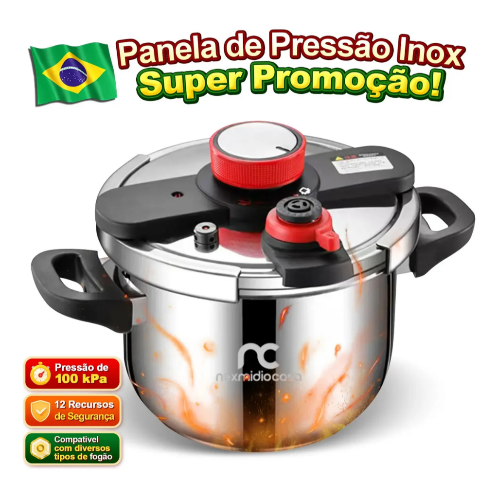 Imagem Panela De Pressao Inox 6L/8L/10L 100kPa  De Vapor Para Indução E Fogões