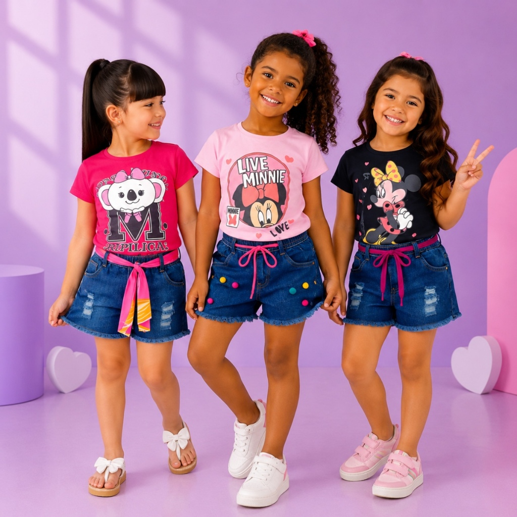 Conjunto infantil menina jeans conjunto jeans infantil conjunto short jeans conjunto personagem infantil feminina