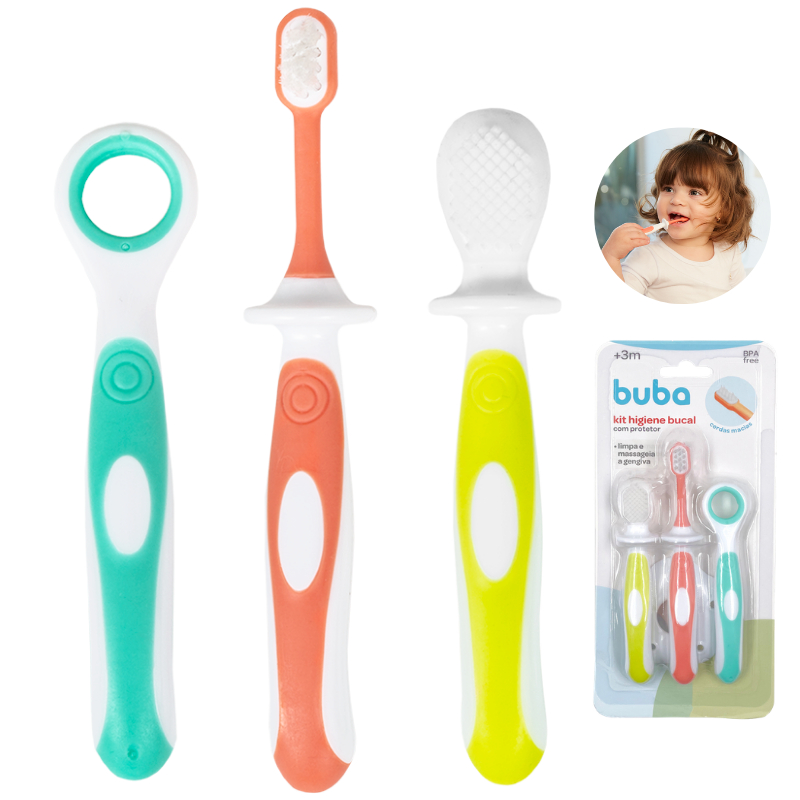 Kit Higiene Bucal Buba Escova + Massageador + Limpador De Língua Bebe Escovinha Dentinho Bebê