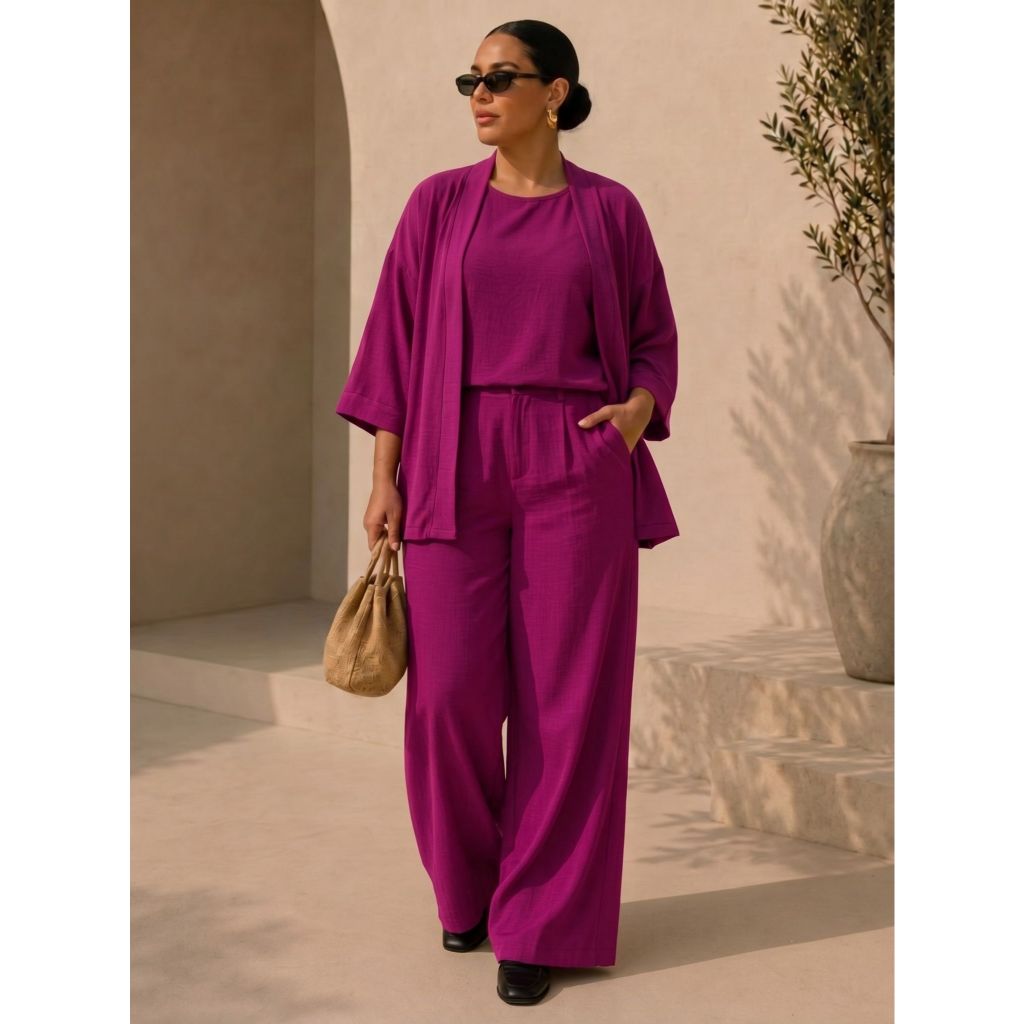 Conjunto Plus Size Feminino Calça Pantalona Regata e Kimono Plus Size Tecido Duna 3 Peças