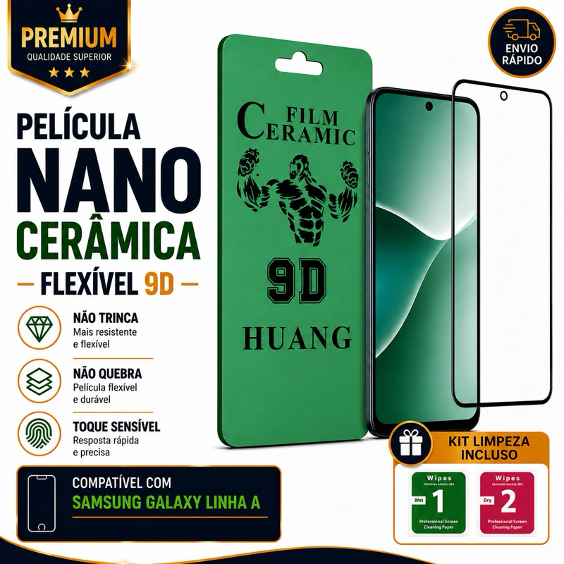 Película Nano Cerâmica 9D para Samsung Galaxy A15 A16 A17 A24 A25 A26 A35 A36 A37 A55 A56