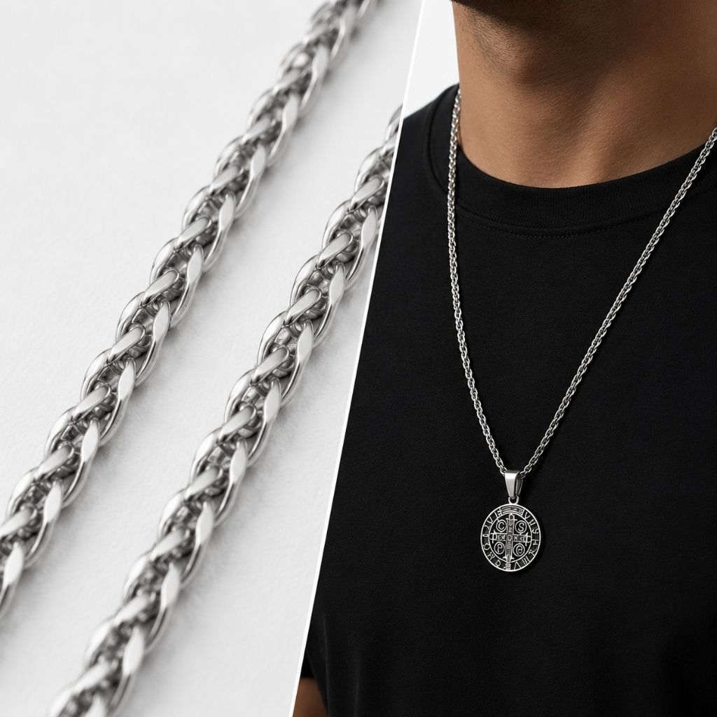 Colar Masculino cor prateado 925 Pingente Sao bento corrente Casual não descasca com garantia