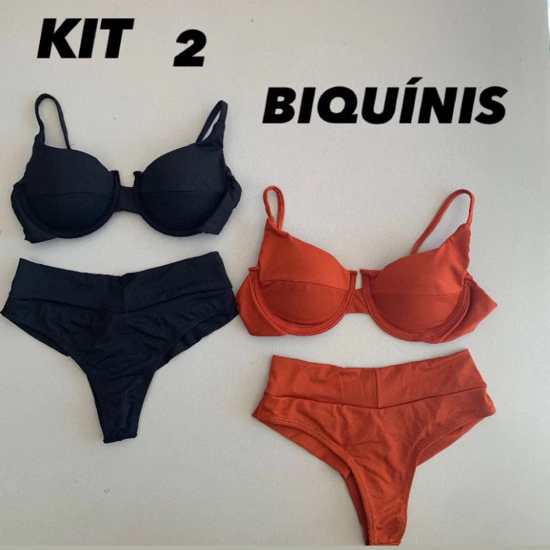 Kit 2 Biquíni Feminino Retro Meia Taça C/Aro Calcinha Fio Duplo C/Bojo Removível Praia Verão