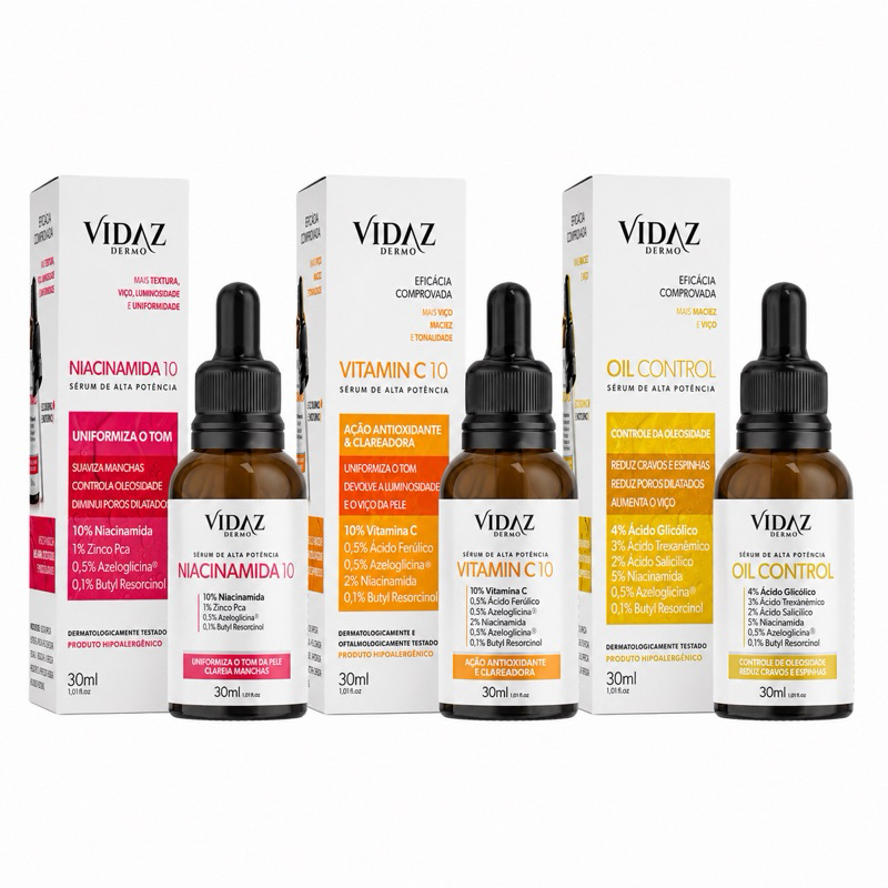 Kit 3 Séruns Faciais Vidaz Niacinamida Vitamina C Oil Control Clareador Antiacne 30ml
