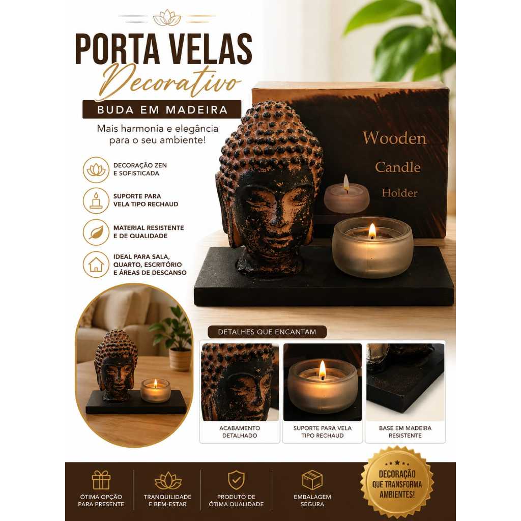 Imagem Porta Velas Decorativo de Madeira com Busto de Buda – Decoração Zen