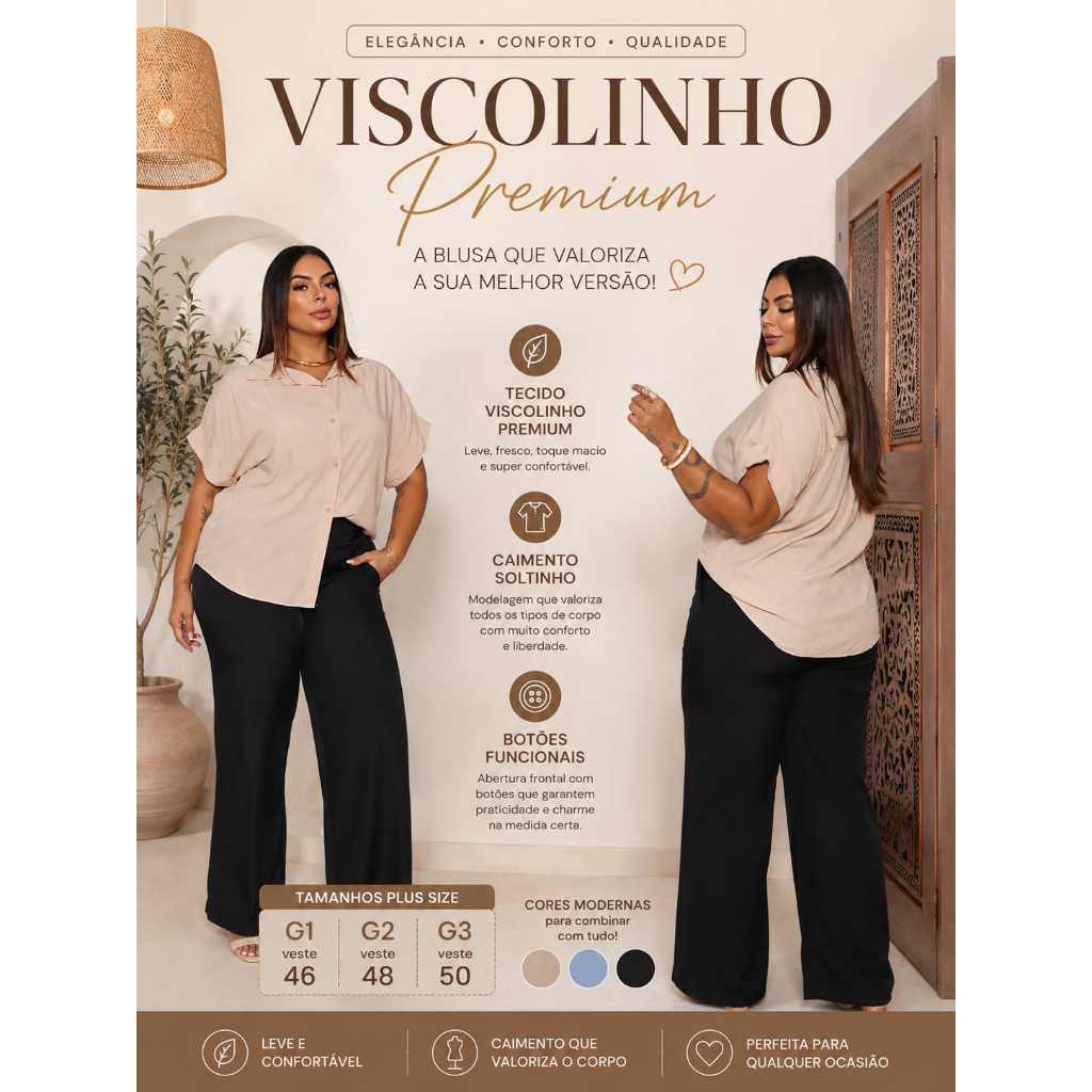 Camisa  Plus Size Feminina Social Viscolinho  Manga Curta Confortável Elegante Macio Botões Frontais