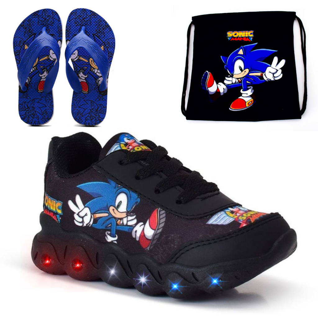 Tênis Infantil Menino Sonic Com Led Pisca Pisca Divertido + Chinelo Masculino Macio + Mochila