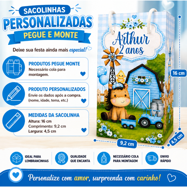 50 SACOLINHA PERSONALIZADA FAZENDINHA AZUL | PEGUE E MONTE| PERSONALIZADOS LEMBRANCINHAS SACOLINHA FAZENDINHA AZUL