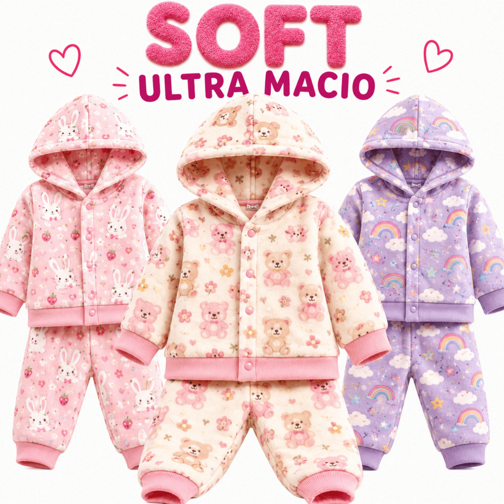 Kit 2 Conjuntos Soft Menina Com Capuz Quentinho Inverno Peluciado 1 2 3 Roupa Bebe Menina Inverno