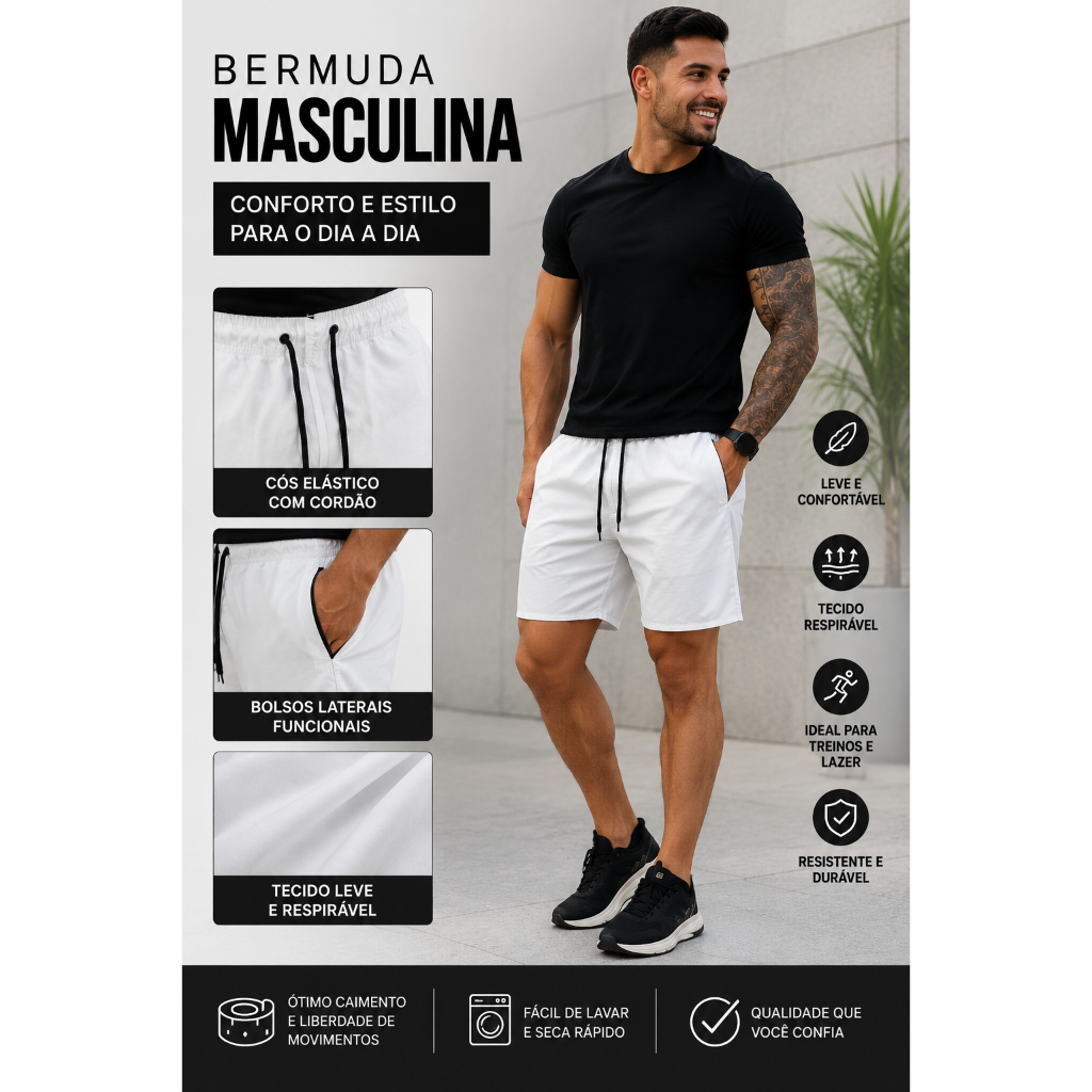 Bermuda Masculina Tactel com Elastano Praia Ano Novo Piscina Treino Reveillon