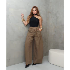 Calça Feminina Pantalona Cintura Alta com Cinto Corda Moda Elegante Casual SD1420
