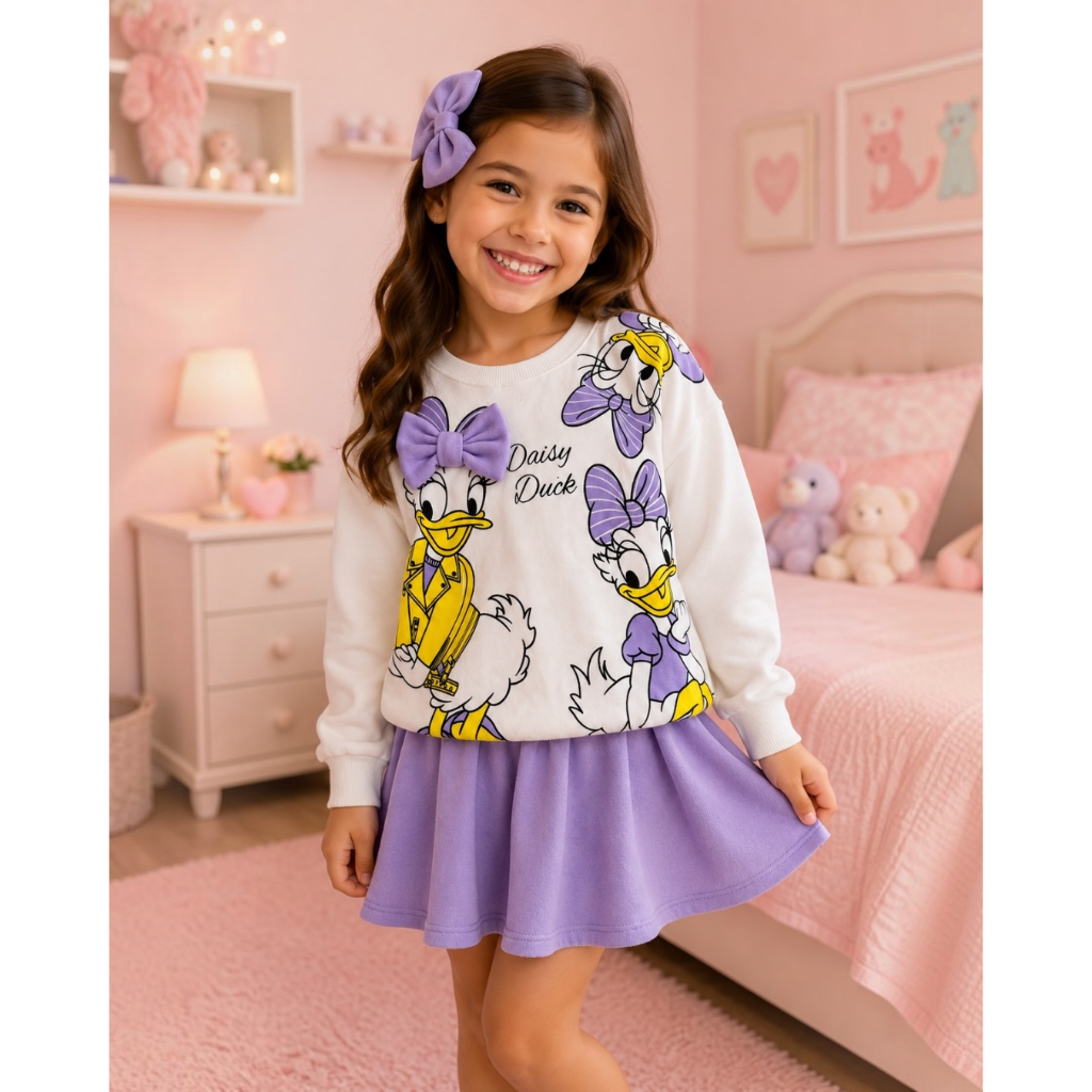 Conjunto de Moletom Flanelado Infantil Short Saia Outono Inverno Meia-estação Menina Daisy Duck Margarida Disney