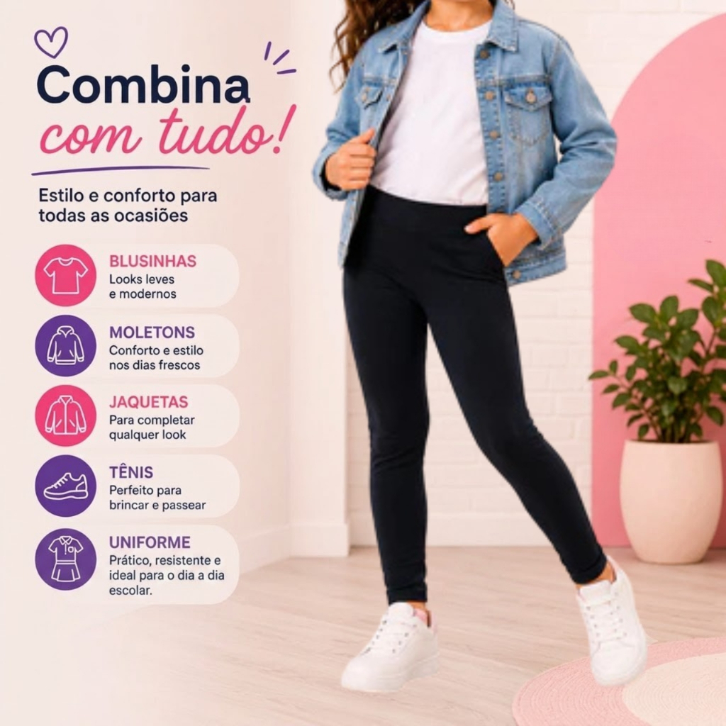 Calça Legging Algodão Infantil Juvenil Moda Kids Meia Estação Cores Neutras Dia a Dia Celina