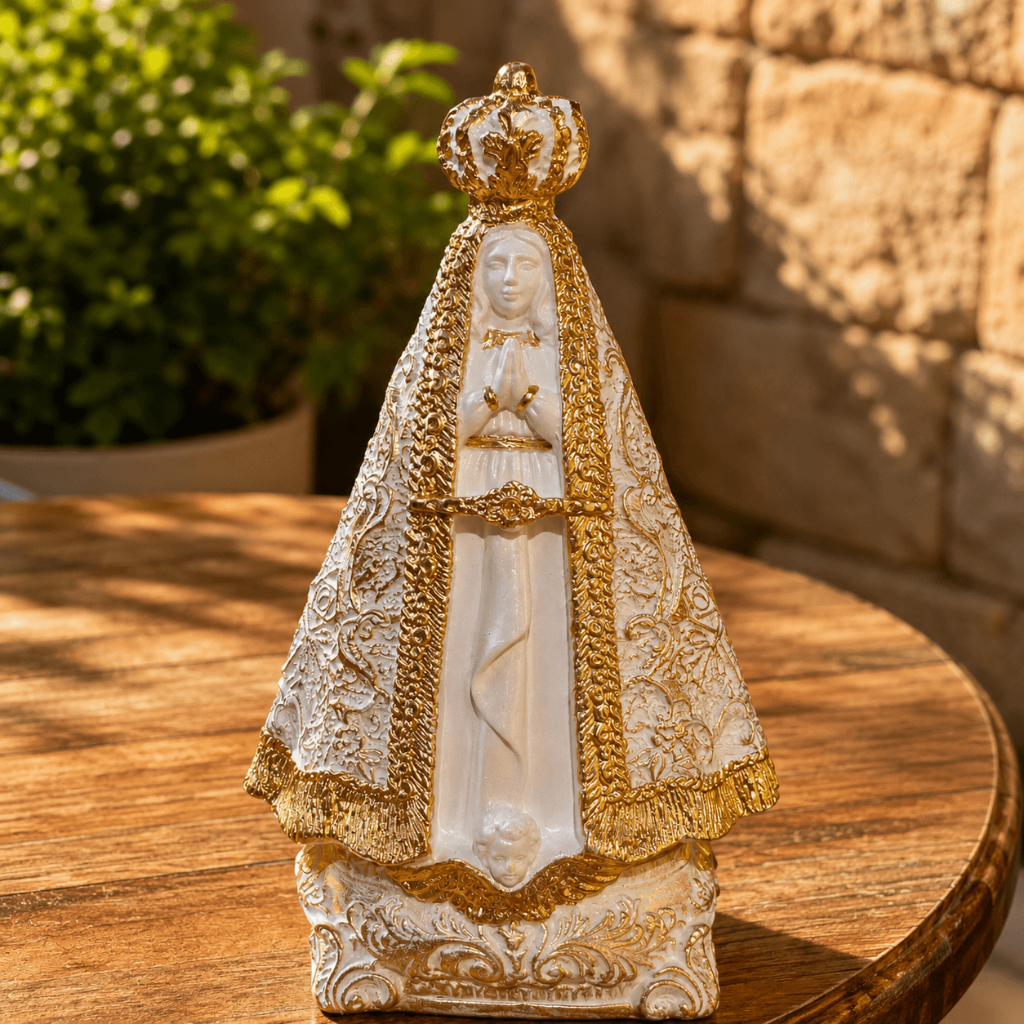 Imagem Nossa Senhora Aparecida 30cm Manto Desenhado Pintura Óleo Italiana Perolado C/ Dourado Gesso Maciço Premium