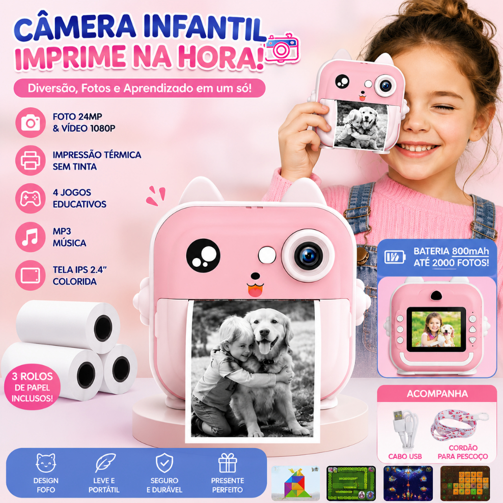Câmera De Impressão Instantânea Para Crianças Vídeo Fotografia Digital Fotográfica Toy Mini Impressora Térmica Rbgdpwunt