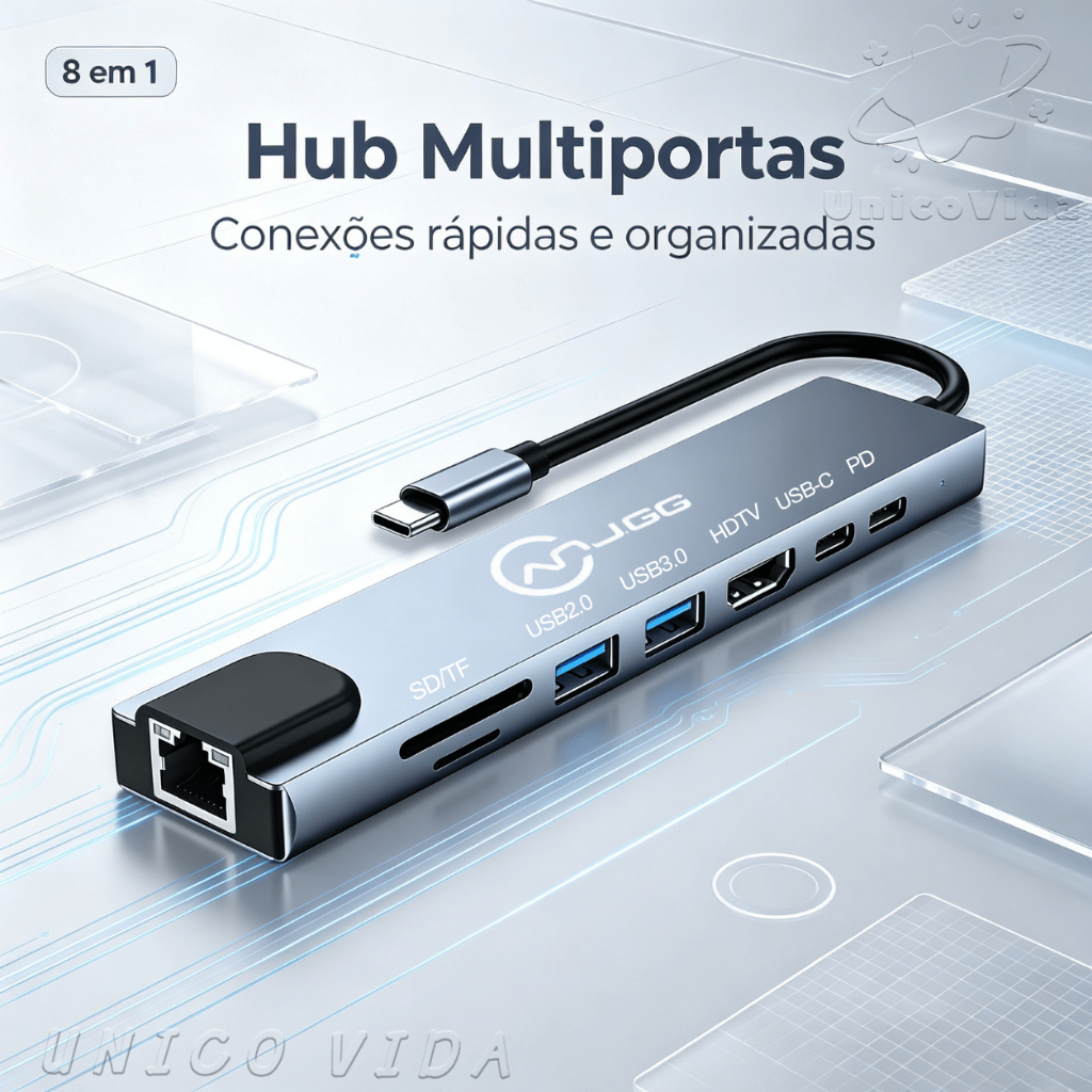 Hub USB C 8 em 1 Multiportas HDMI 4K PD USB 3.0 Adaptador para MacBook Notebook PC | UnicoVida