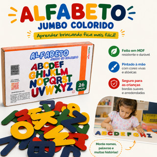 Alfabeto Jumbo Grande MDF - Letras Coloridas para Educação Infantil com Caixa