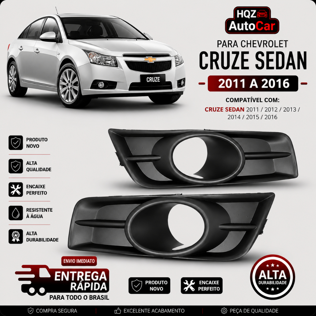 Grade do Farol de Milha Chevrolet Cruze Sedan 2011 a 2016 Com Furo Preta