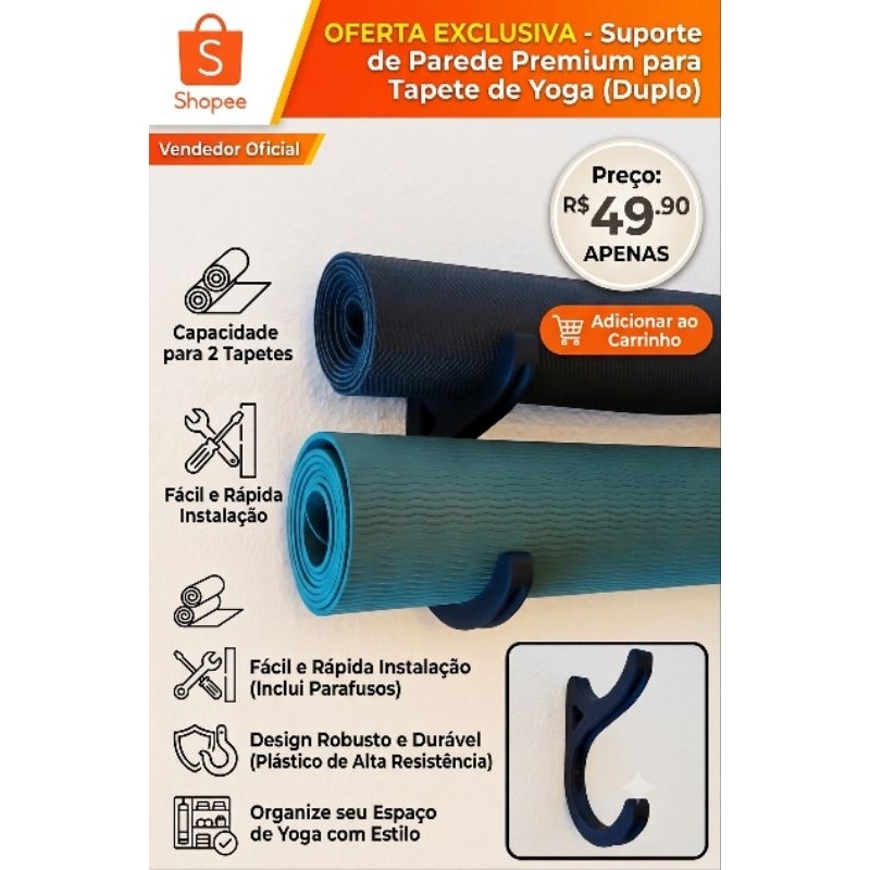 Suporte De Parede Para 2 Tapetes | Yoga Pilates | Academia - Organizador De Material E Estúdio Resistente