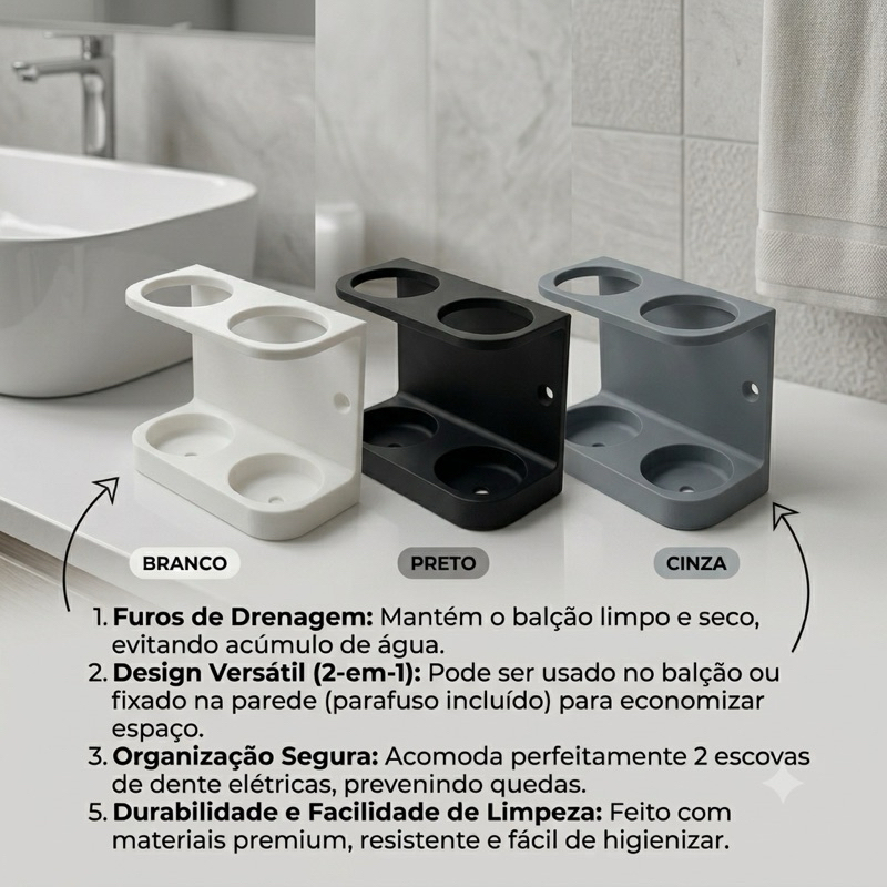 Suporte Premium Duo para Escova Elétrica – Balcão e Parede