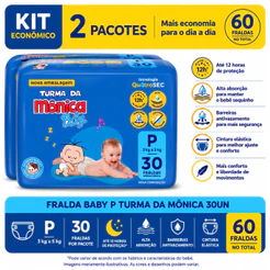 Kit 2 Pacotes Fralda Turma da Mônica Baby Jumbo P 30 Unidades (60 Fraldas)
