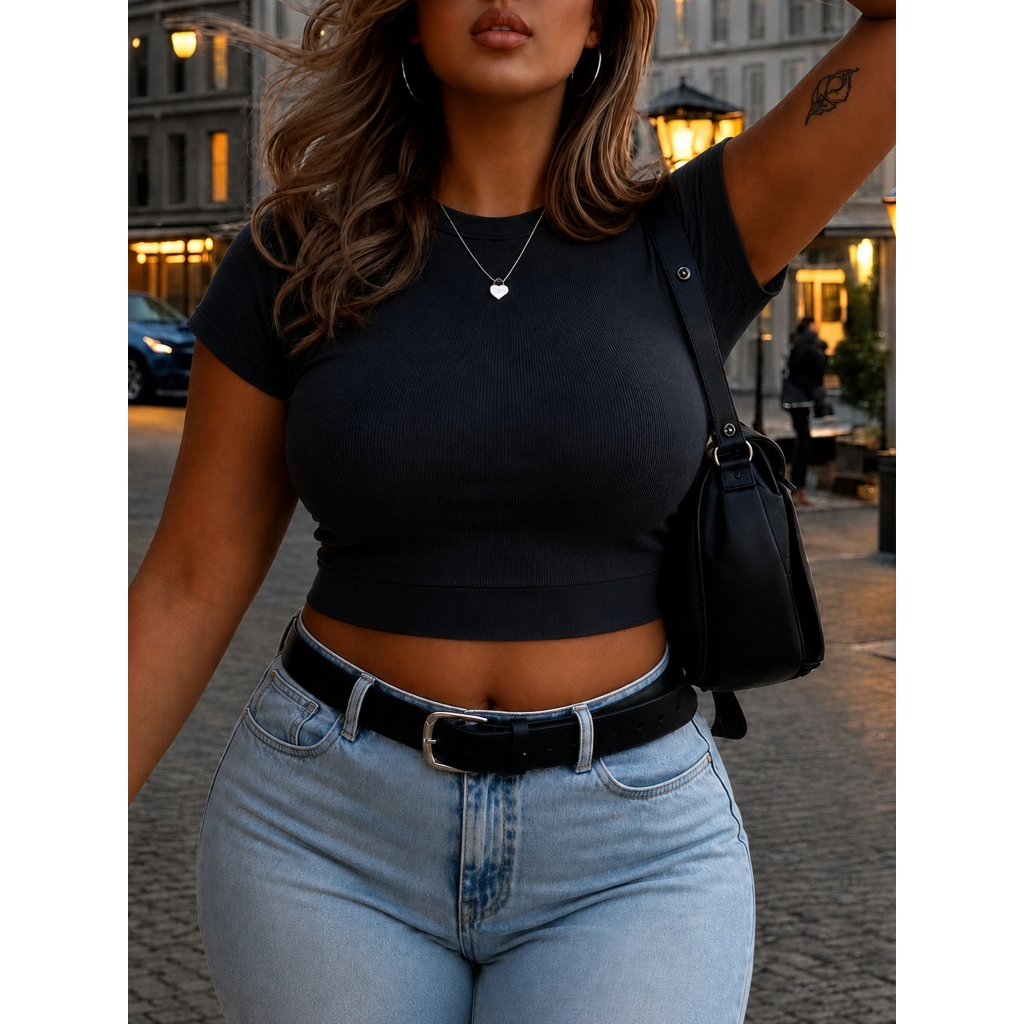 Blusa Plus Size Básica Canelada Cropped com Muito Elastano Ribana de Algodão Dia a Dia Comfy