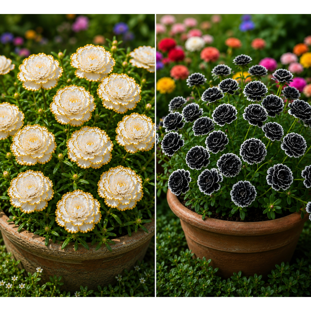 Kit 2 Pacotes Sementes Onze Horas Portulaca Premium – Flor Branca com Borda Dourada + Flor Negra com Borda Branca