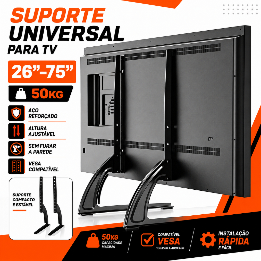 Suporte De Mesa Para Tv Base 26'' A 75'' Lcd Led oled qled Universal Samsung LG 42 43 48 50 55 58 60 65 70 75 Polegadas