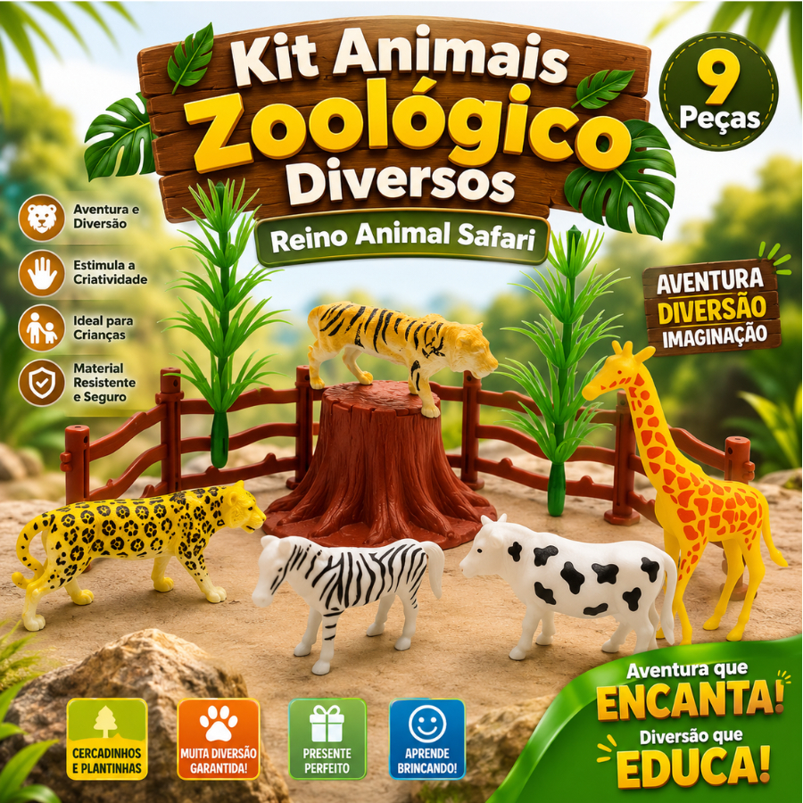Brinquedos Coleção Safari Bichos Grandes Animais Da Selva Zoo 9 Peças Divertidas