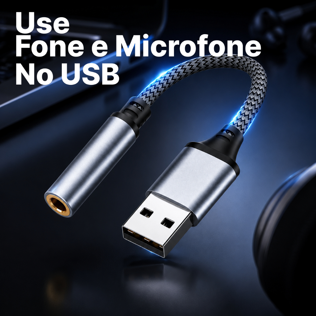 Adaptador de Áudio USB para P2 (3.5mm) - Placa de Som Externa Portátil para Fone e Microfone