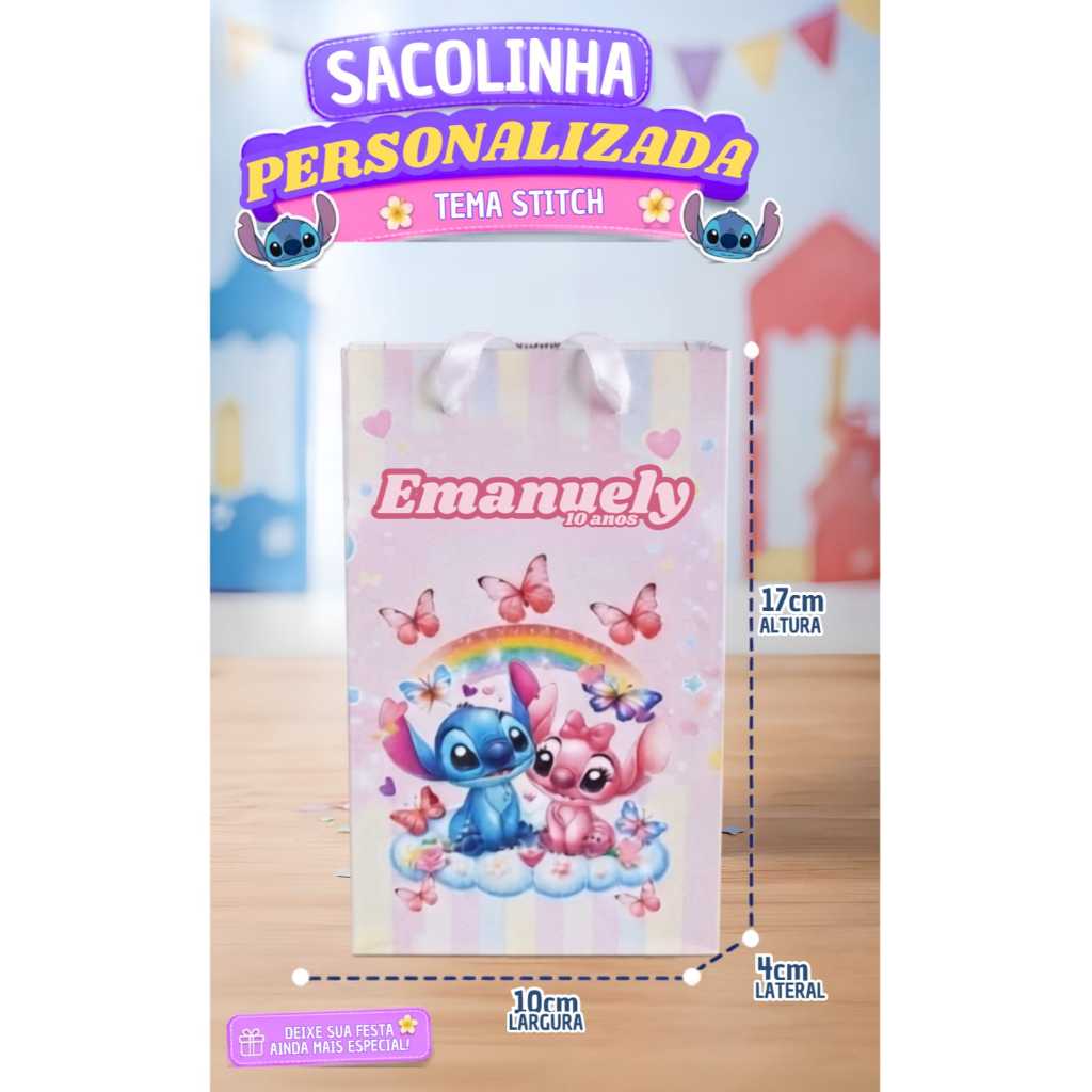 Sacolinhas Personalizadas tema Stitch  Personalizado Com Nome e Idade -lembrancinhas-festas-comemorações-eventos