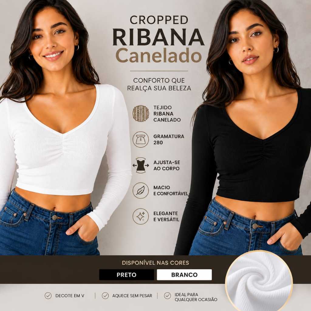 Cropped Feminino Canelado Manga Longa Decote V Preto | Básico Elegante | Ribana | Confortável | Slim Fit | Moda Feminina