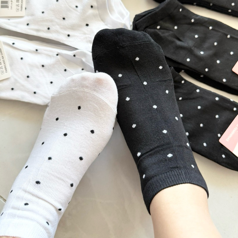 Kit 12 Pares de Meia Poá Feminina Conforto Estampa de Bolinha/Coração Delicada Preta e Branca