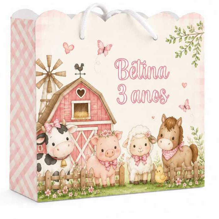 Sacolinhas Personalizadas Fazendinha | Lembrancinha Festa Infantil Rosa| Kit Montado