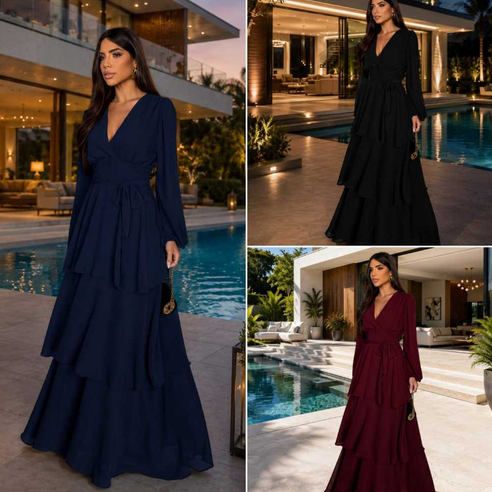 vestido longo feminino elegante decote V de três maria Manga longo tecido crepe GGT L2 pra festas casamento formatura