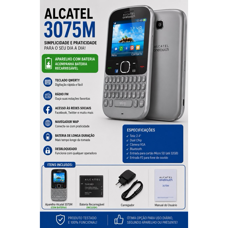 Celular Alcatel onetouch 3075M - COM e SEM BATERIA