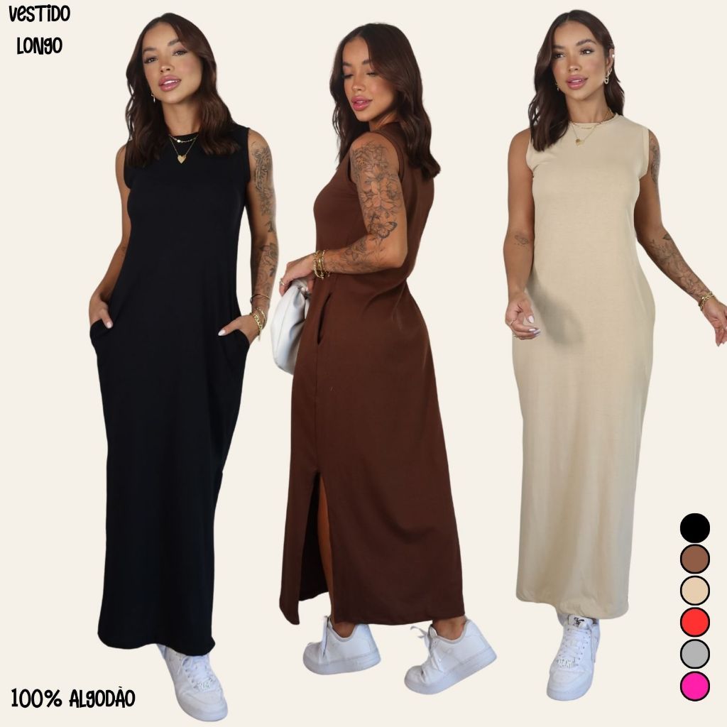 Vestido Longo Feminino Cavado Conforto Blogueira Longo com Bolso Moda Gringa
