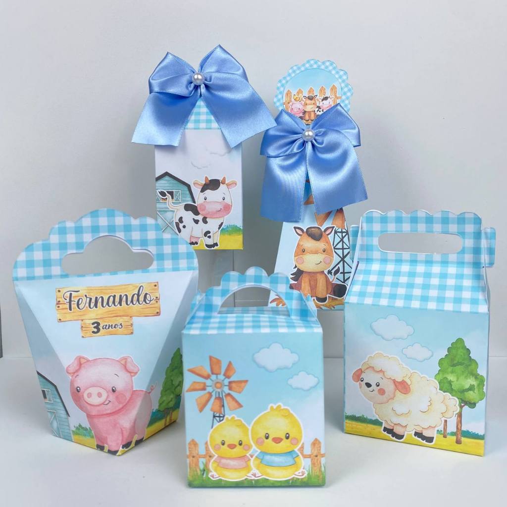 Kit Festa Personalizados Fazendinha Azul (PEGUE e MONTE) Lembrancinhas Caixinhas para Festa Infantil