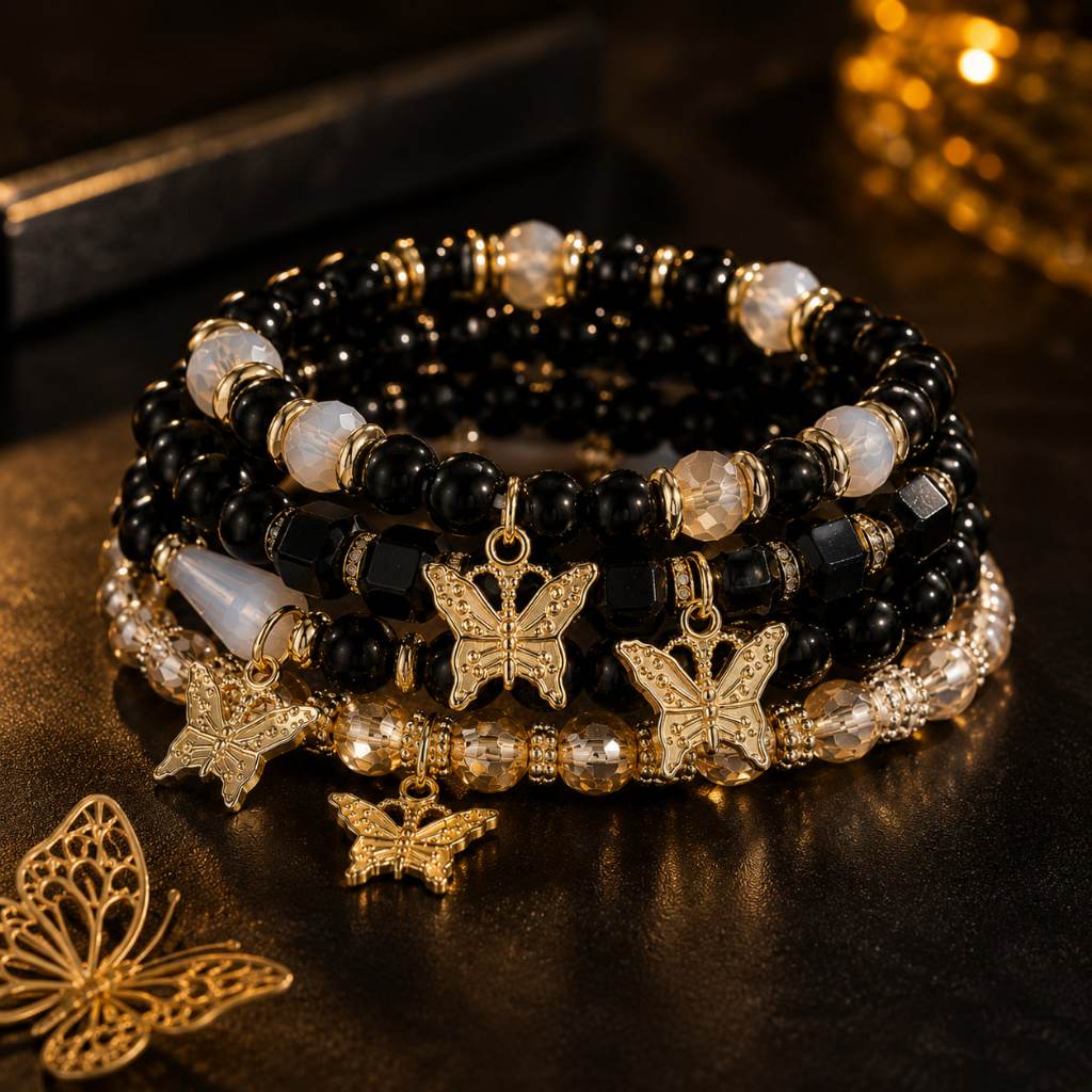 Conjunto de Pulseiras Miçanga com Borboletas Douradas Butterfly Boêmio Elásticas De Corda Feminina