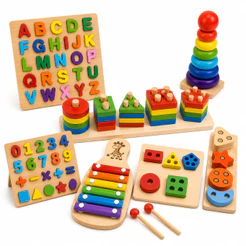 Kit de Brinquedo Educativo Montessori de Madeira - Formas Geométricas - 3 Jogos