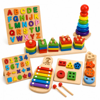 Kit de Brinquedo Educativo Montessori de Madeira - Formas Geométricas - 3 Jogos