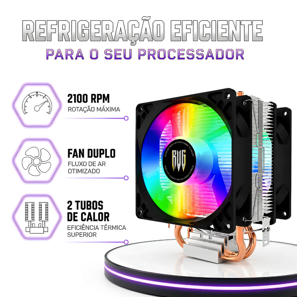 Cooler Processador Intel e AMD Fan Duplo 130W 2100RPM RGB 2 Tubos Cobre TDP Baixo Ruído