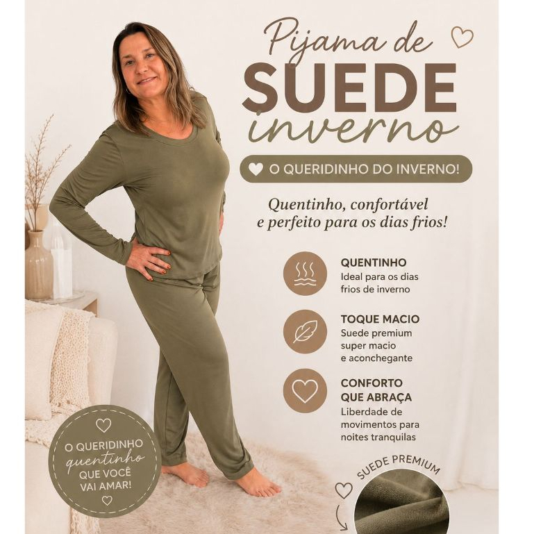 Pijama Feminino Inverno Longo Suede Premium Quentinho Toque Macio Manga Longa do P ao Plus Size G2 Charlotte Pijamas